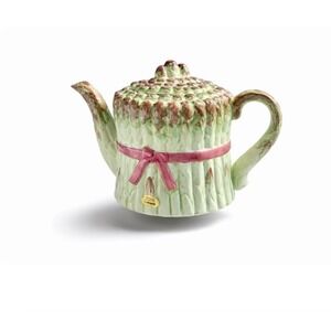 Seymour Mann Asparagus Teapot Vintage 1990 Handpainted Ceramic Pink Ribbon MCMXC